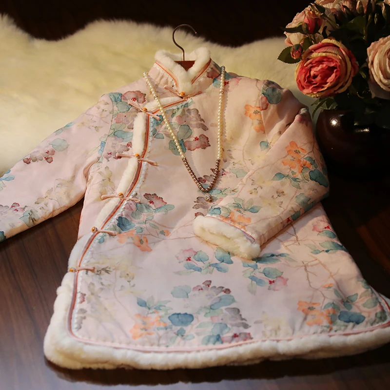 

Young Women's Thiened Warm Sle Tang Suit Autumn New Arrival ort Sve Long Dr Daily Wear Low Slit