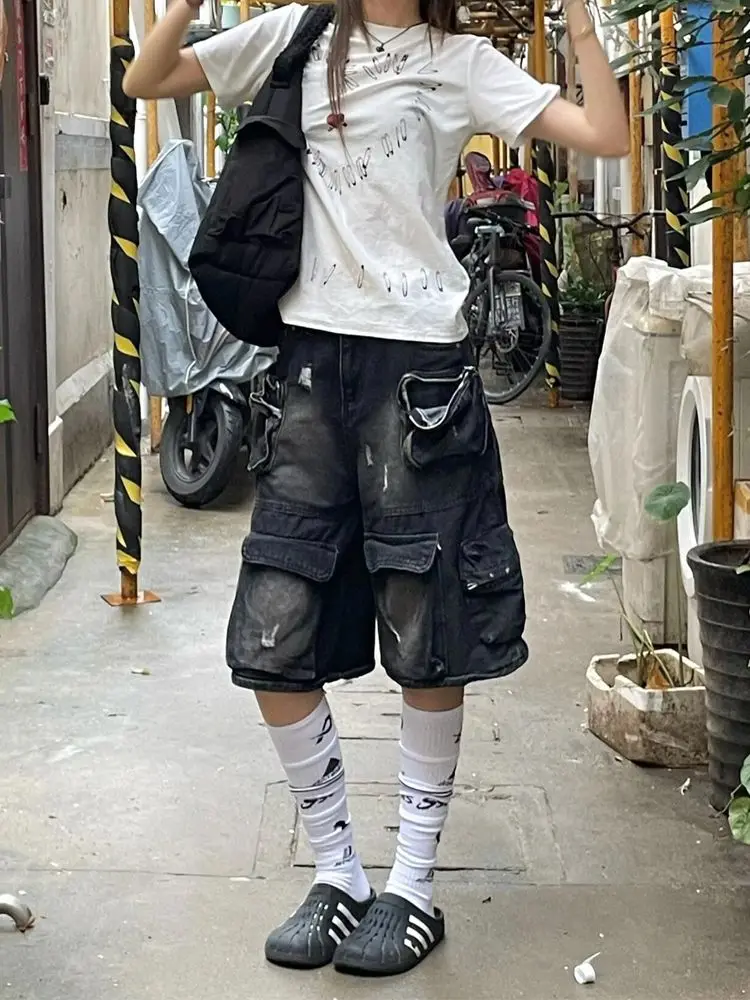 American vintage-style washed distressed multi-pocket work pants women new style for street design heavy-duty cropped pants