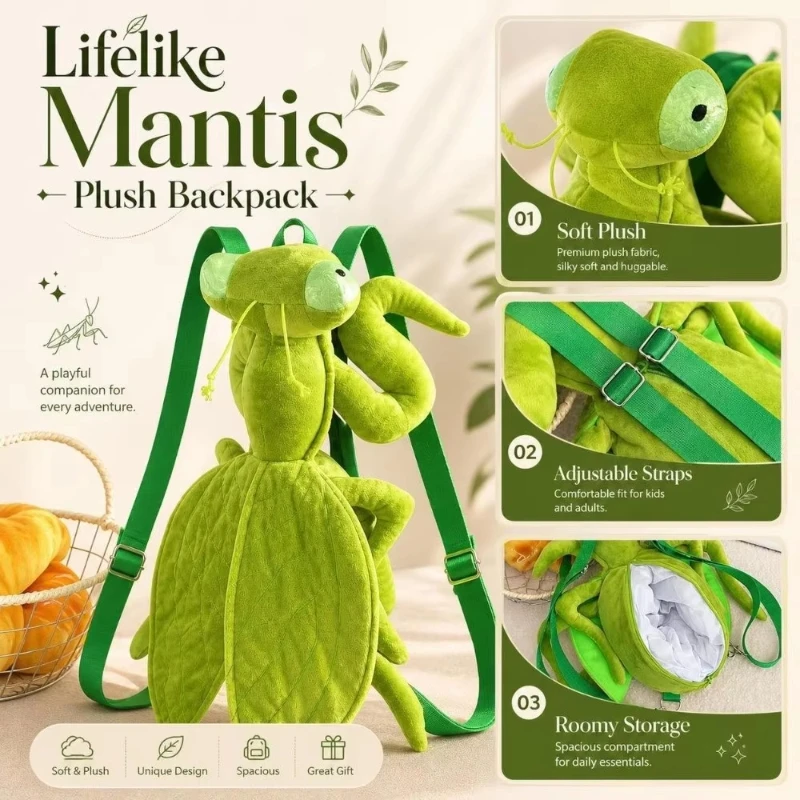 Novelty Green Mantis Plush Backpack Lifelike Insect Stuffed Doll Shoulder Bag, Soft Fluffy Casual Daypack For Party Cosplay Gift