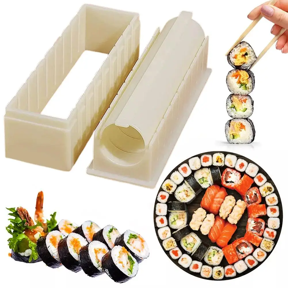 Juego de moldes para Sushi blancos, Kit de equipo para hacer Sushi de plástico reutilizable, rollos de Sushi cuadrados redondos en forma de corazón, herramientas para hacer Sushi