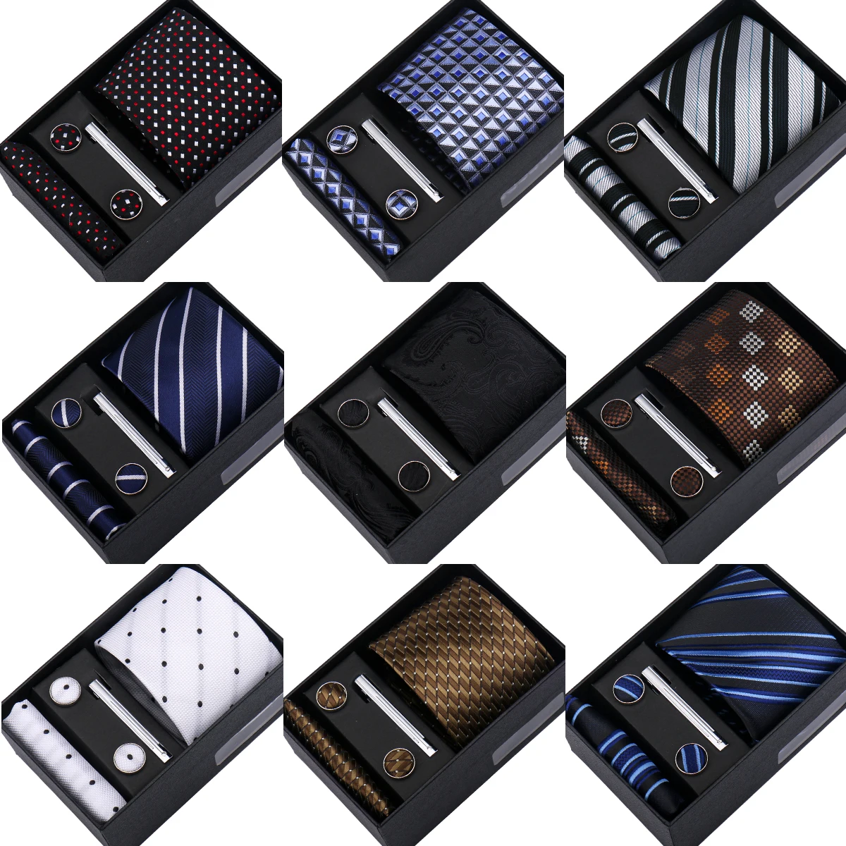 Fashion Elegant Men's Necktie Gift Box Striped Tie Handchief Cufflink Tie Clip 4 piece Wedding Business Party Suit accessories