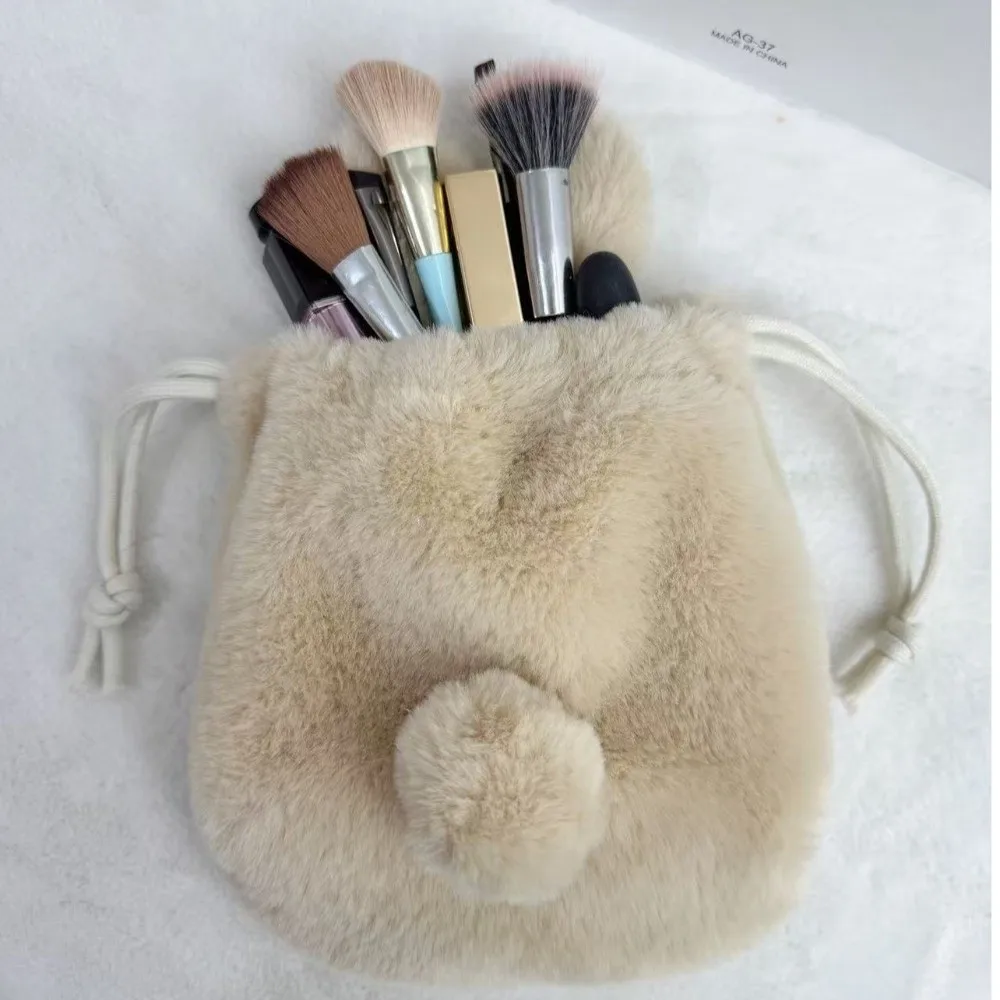 Fluffy Style Drawstring Storage Bag Multi-Functional Cartoon Design Bunny Plush Pouch Tail-Like Tassel Large Capacity Makeup Bag
