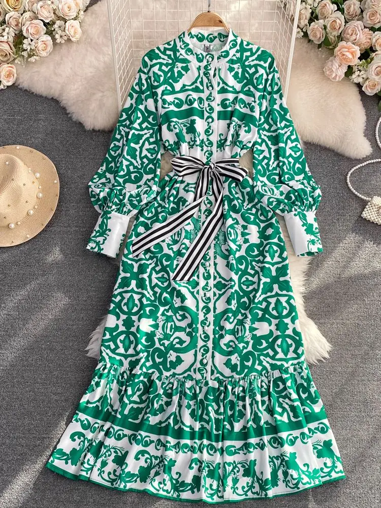 

Autumn Fashion Long Lantern Sleeve Women Vintage Dress White and Blue Porcelain Printed Bow Belt Runway Long Vestidos