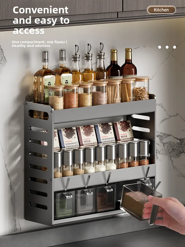 

Kitchen Wall-Mounted Multi-Layer Spice Bottle Storage Ra No-Drilling Required Organizer for Condiments And Utensils