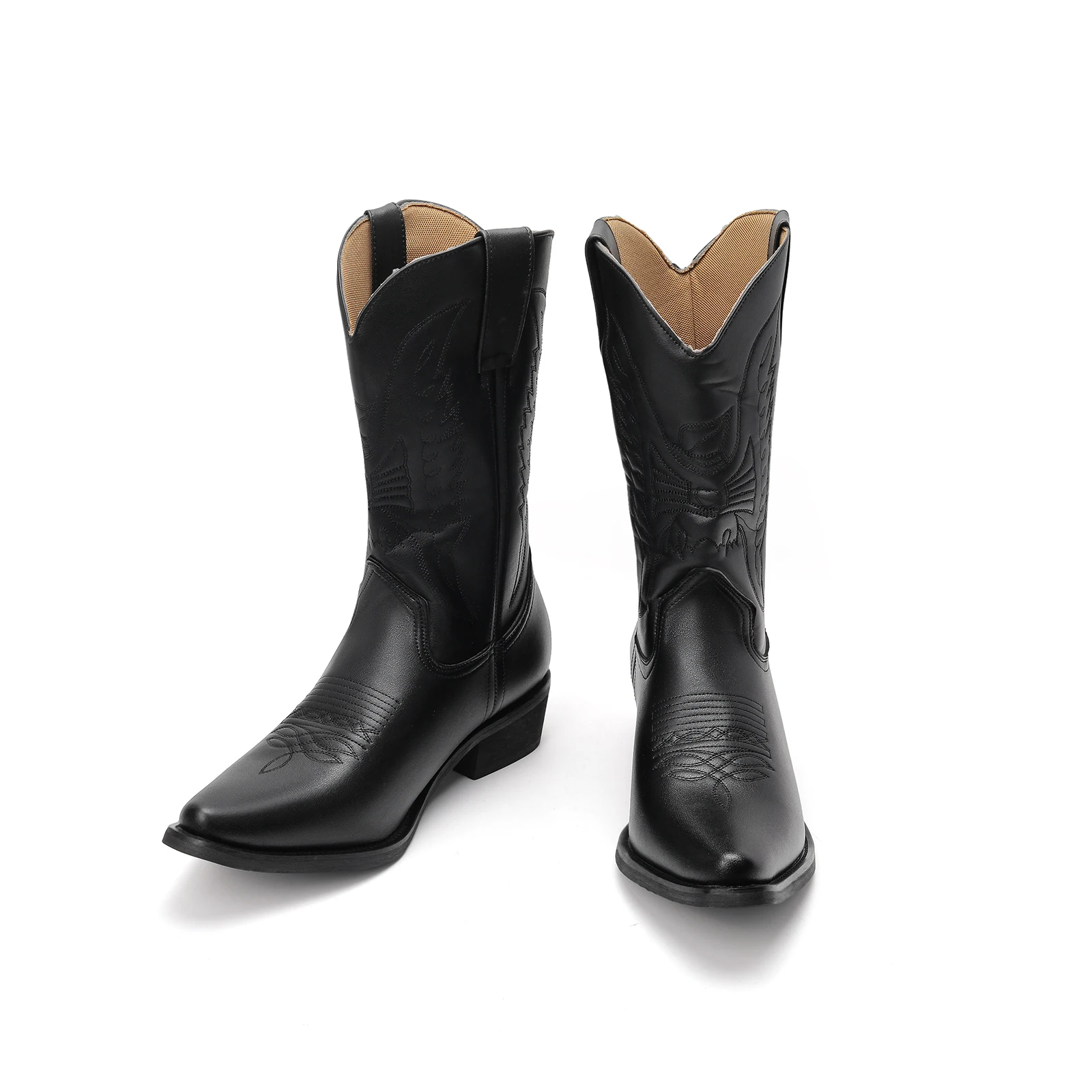 Unisex PU Embroidered Pointed Toe Western Cowboy Tall Boots Vintage Western Halloween Cosplay Stage Riding Boots