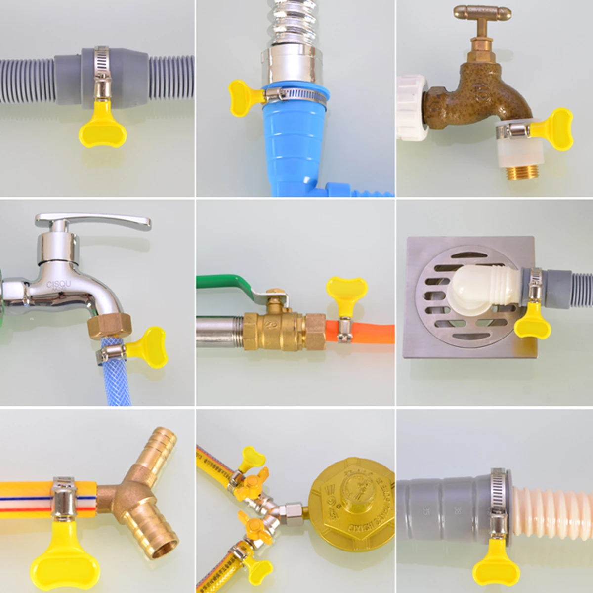 1 5 10PCS Adjustable 8-44mm 201 Stainless Steel Pipe Clips For Tube Yellow Plastic Handle Hand Twist Hose Clamps Worm Driving