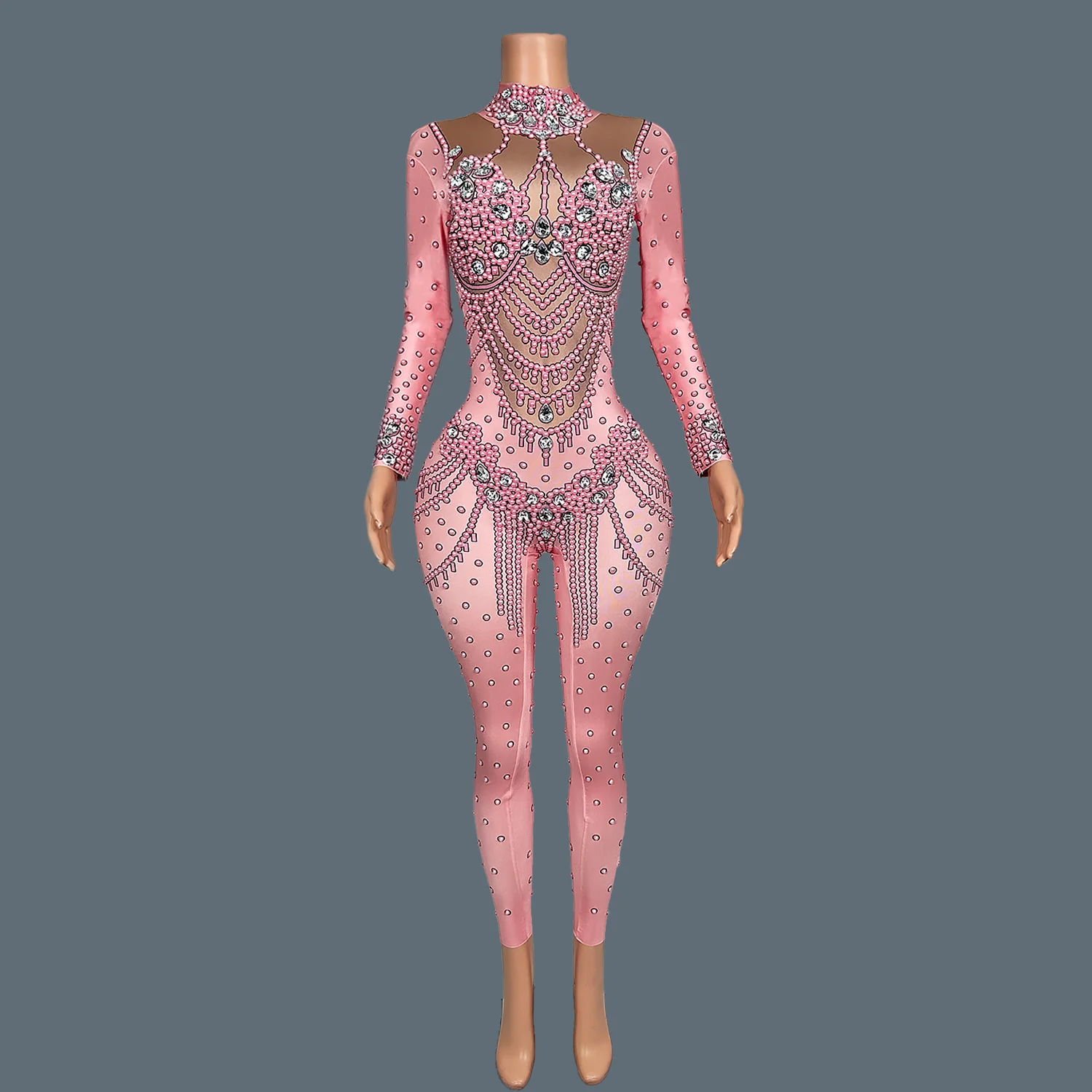 Luxury Rhinestones Long Sleeve Bodycon Pink Jumpsuit Sexy Singer Stage Show Spandex Costume Black Girls Club Jumpsuit Fensehuiyi