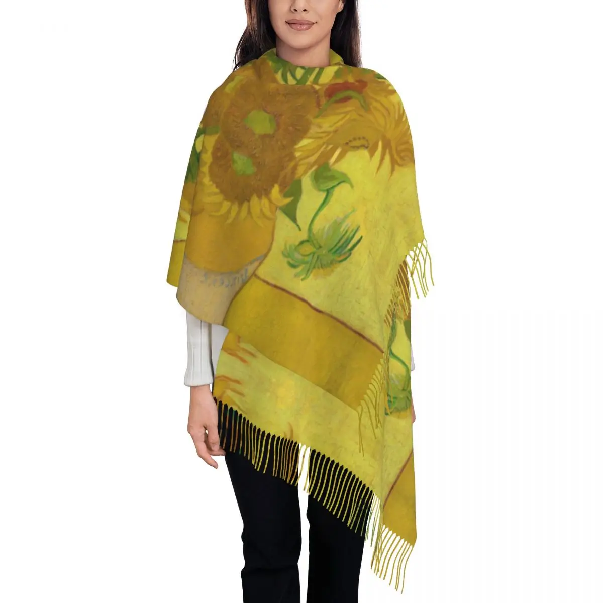 

Ваза с двенадцатью подсолнухов, шарф для женщин, длинная зимне-осенняя теплая шаль с кисточками, унисекс, шарфы с рисунком Винсента Ван Гога