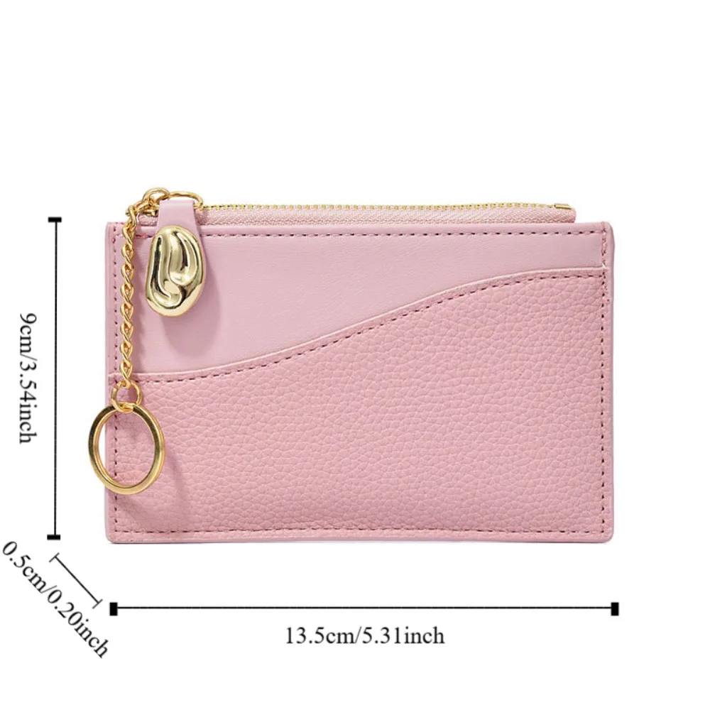 حامل بطاقات صغير أنيق من جلد البولي يوريثان، محفظة عملات معدنية رفيعة مع حافظة بطاقات سلسلة مفاتيح للنساء
