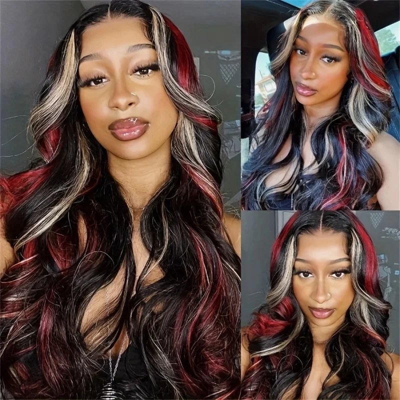 Black Red Blonde Highlight Wig Human Hair 5x5 Glueless Body Wave  Balayage Colored Wigs Human Hair Pre Plucked 180% Density