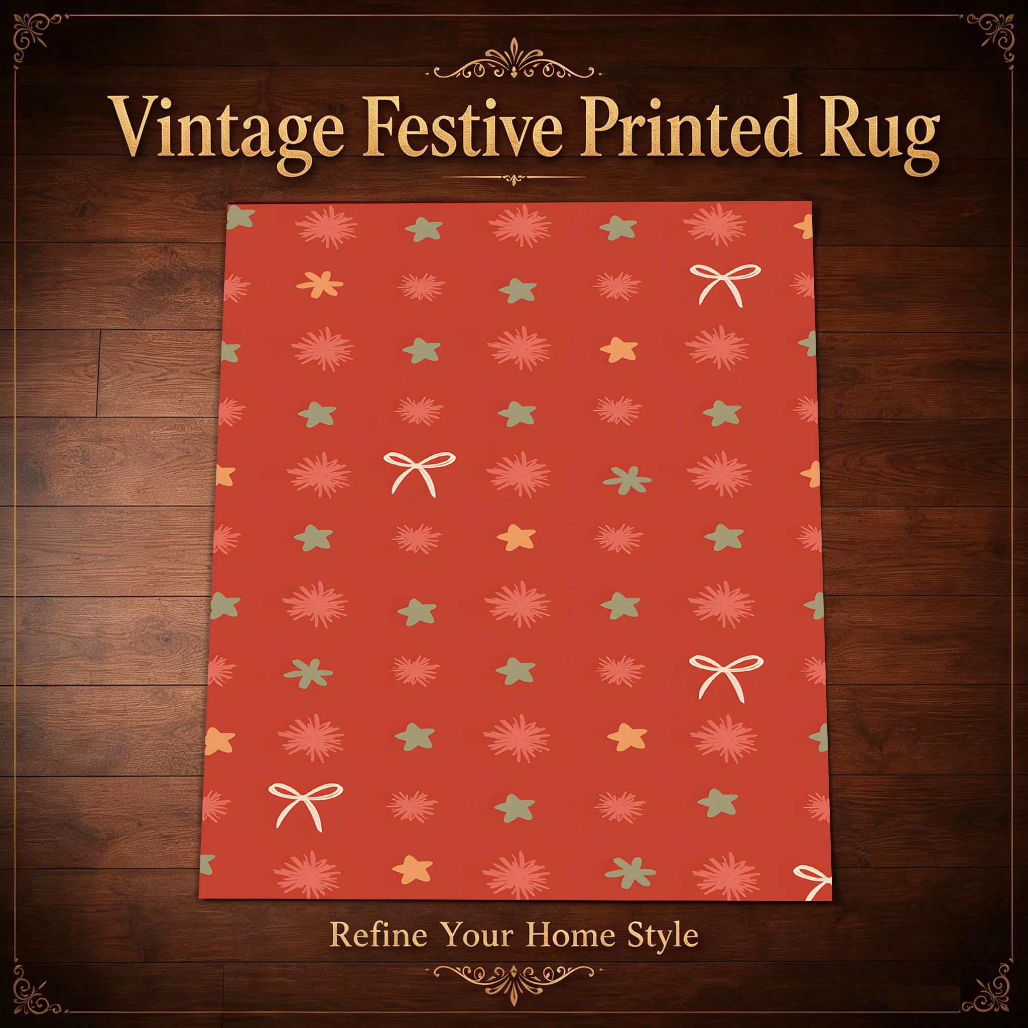 Velvet Rug Red Base Star Bow Floral Pattern Festive for Entrance Bedroom Living Room Home Decoration