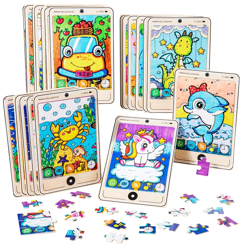 1pc Phone Model Wooden Puzzles for Kids Cartoon Animal Jigsaw Children Learning Educational Wood Toys Montessori Games