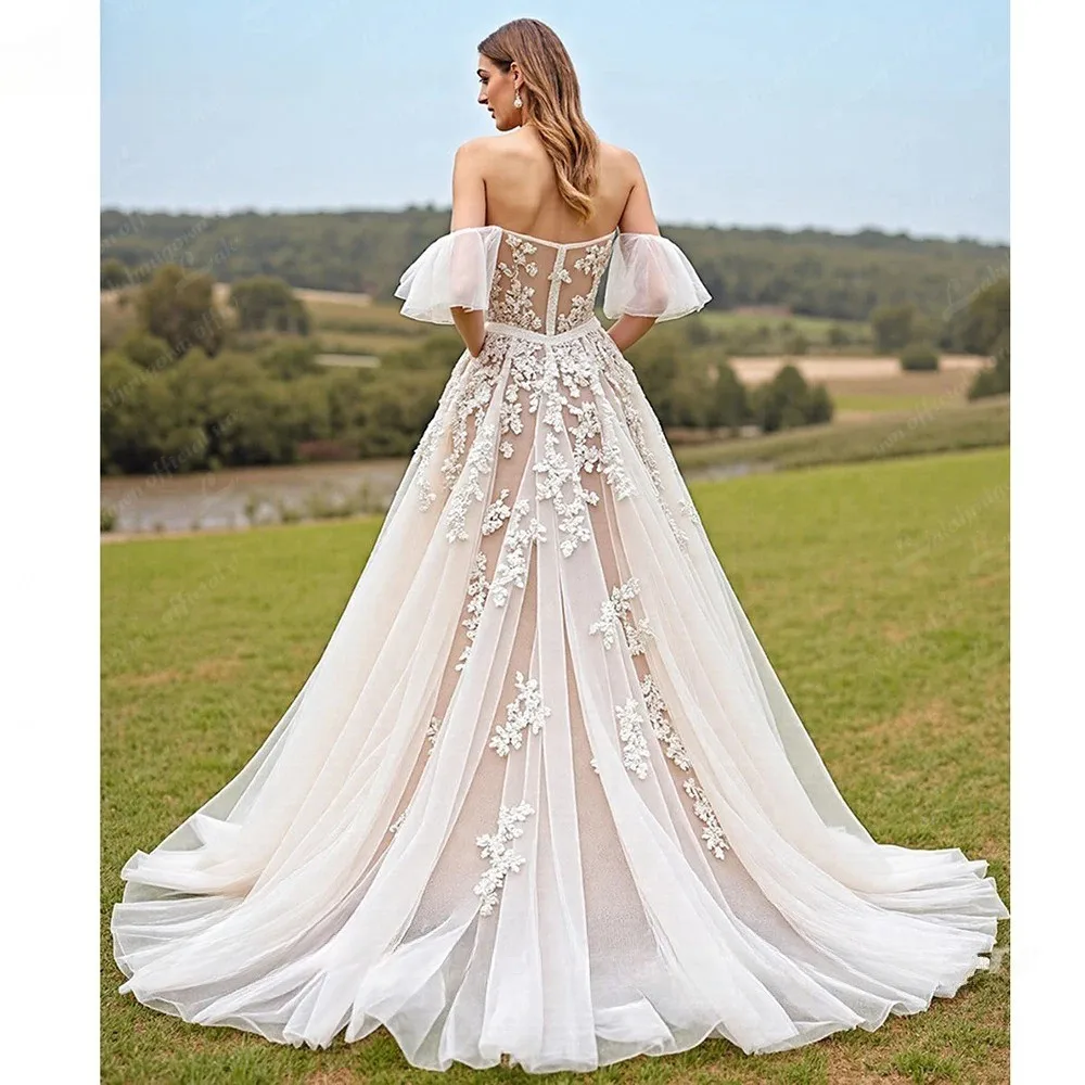 Off The Shoulder Wedding Dress For Women Sweetheart Neck Tulle Lace Appliques A‑Line Train Romantic Bohemian