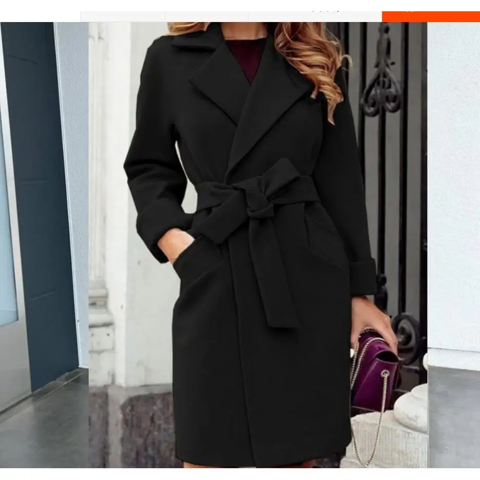 

Осенне-зимнее женское шерстяное пальто-тренч с поясом, приталенное, в уличном стиле, с узлом, модный тренд