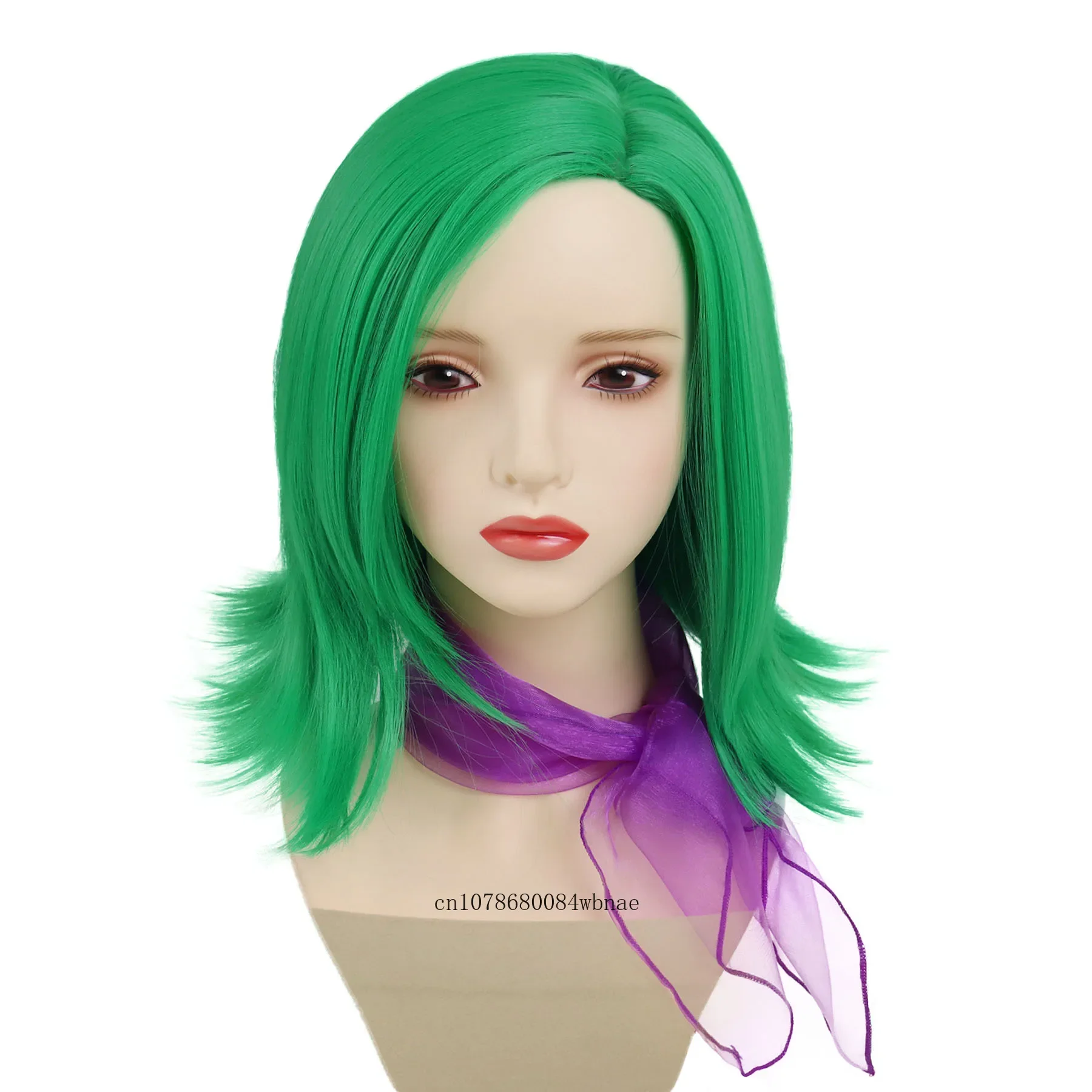 Natural Synthetic Green Wig Short Curly Bob Wig for Women Girls Movie Characters Halloween Cosplay Wigs with Purple Scarf Set