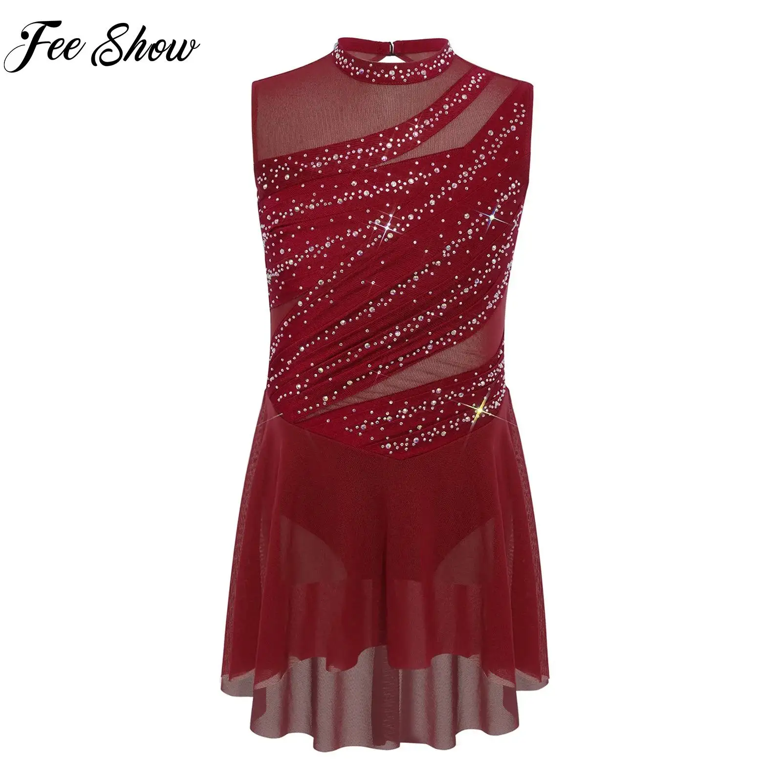 

Kids Girls Artistic Figure Skating Dress Rhinestone Ballet Jersey Sleeveless Ruched Leotard Dress Lyrical Modern Dance Costume