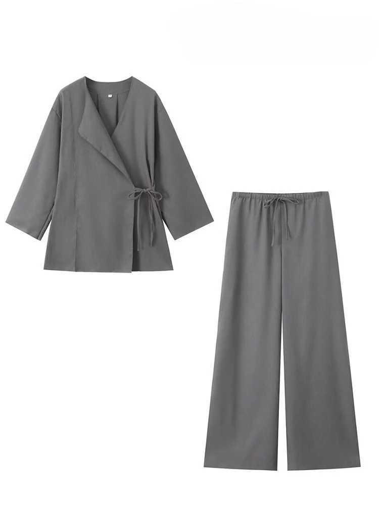 Women's Summer Fashion Linen Solid Color Shirt Set Belted Cardigan Kimono Top + High Waist Women's Pleated Pants 2-piece