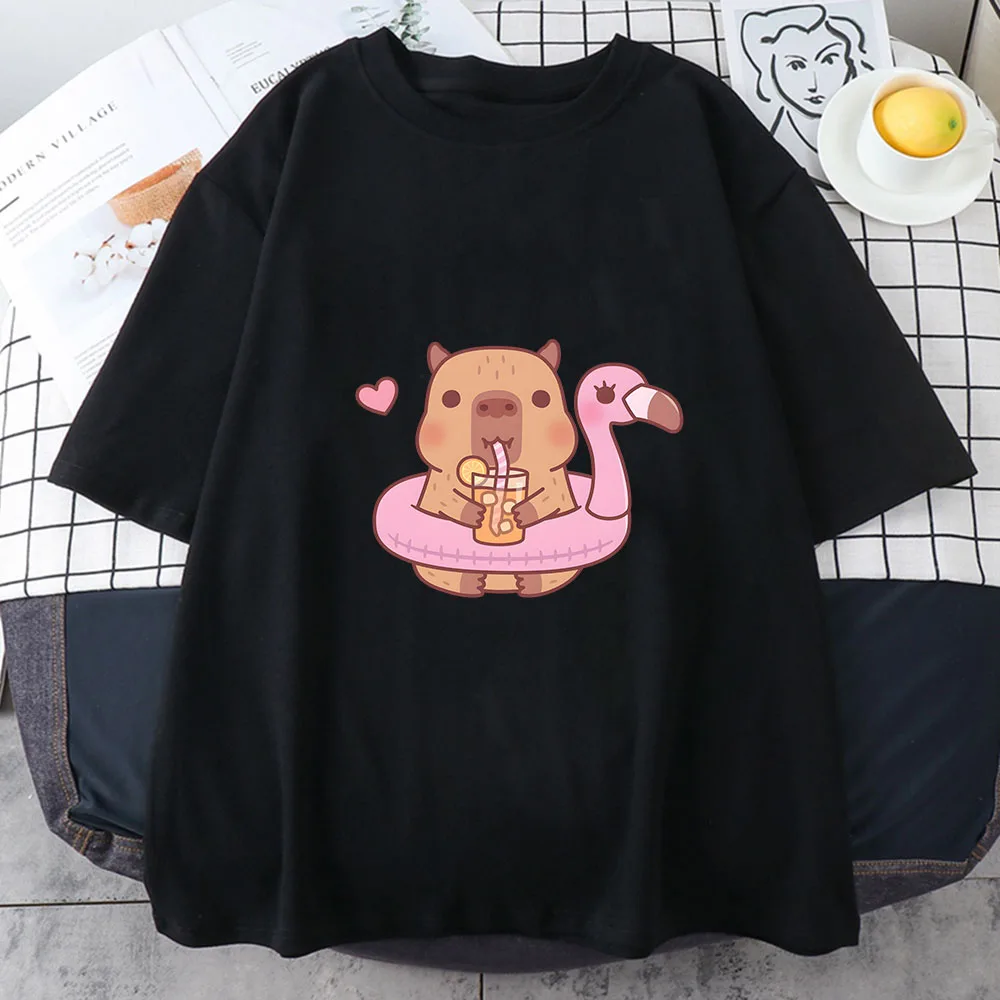 Capybara Loves Drinking Bubble Tea Short-sleeved T-shirt for Women's Summer Tide Anime Print Shirt 100% Pure Cotton O-neck Tops