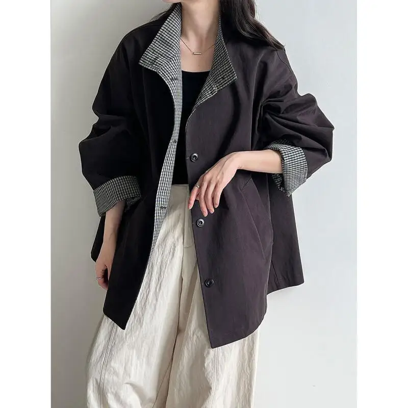 

plaid Women's splice stand collar British style long style trench coat autumn spring new model silhouette loose coat Vintage
