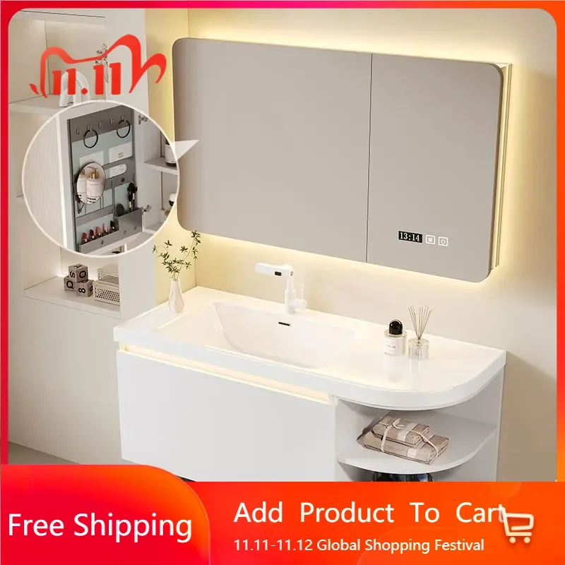 

Luxury Bathroom Vanity Ceramic Sink Curved Modern Round Integrated Bathroom Cabinet White Modern Vestidores Salon Furniture