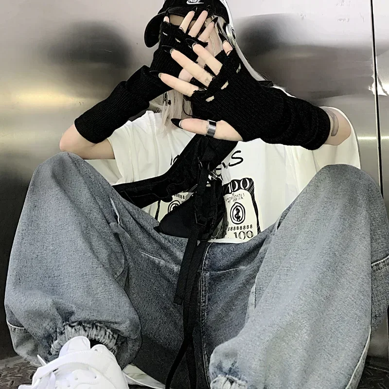 2025 Harajuku Ins الأجهزة الطرفية العصرية مع قفازات الأكمام محبوكة نصف كم قطع المجوهرات الداكنة