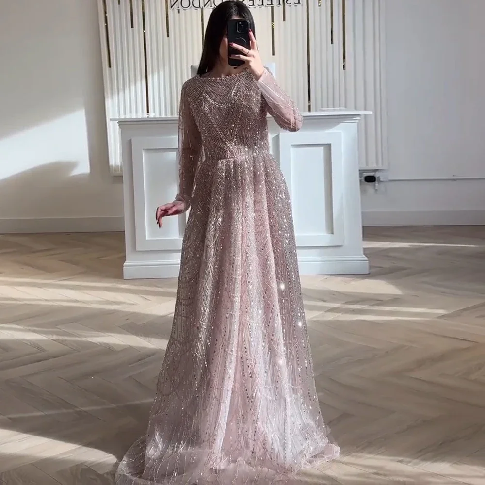 Personalizado árabe luxo muçulmano pérolas vestido de noite a linha mangas compridas contas formal vestido de baile vestido de festa de casamento para mulher