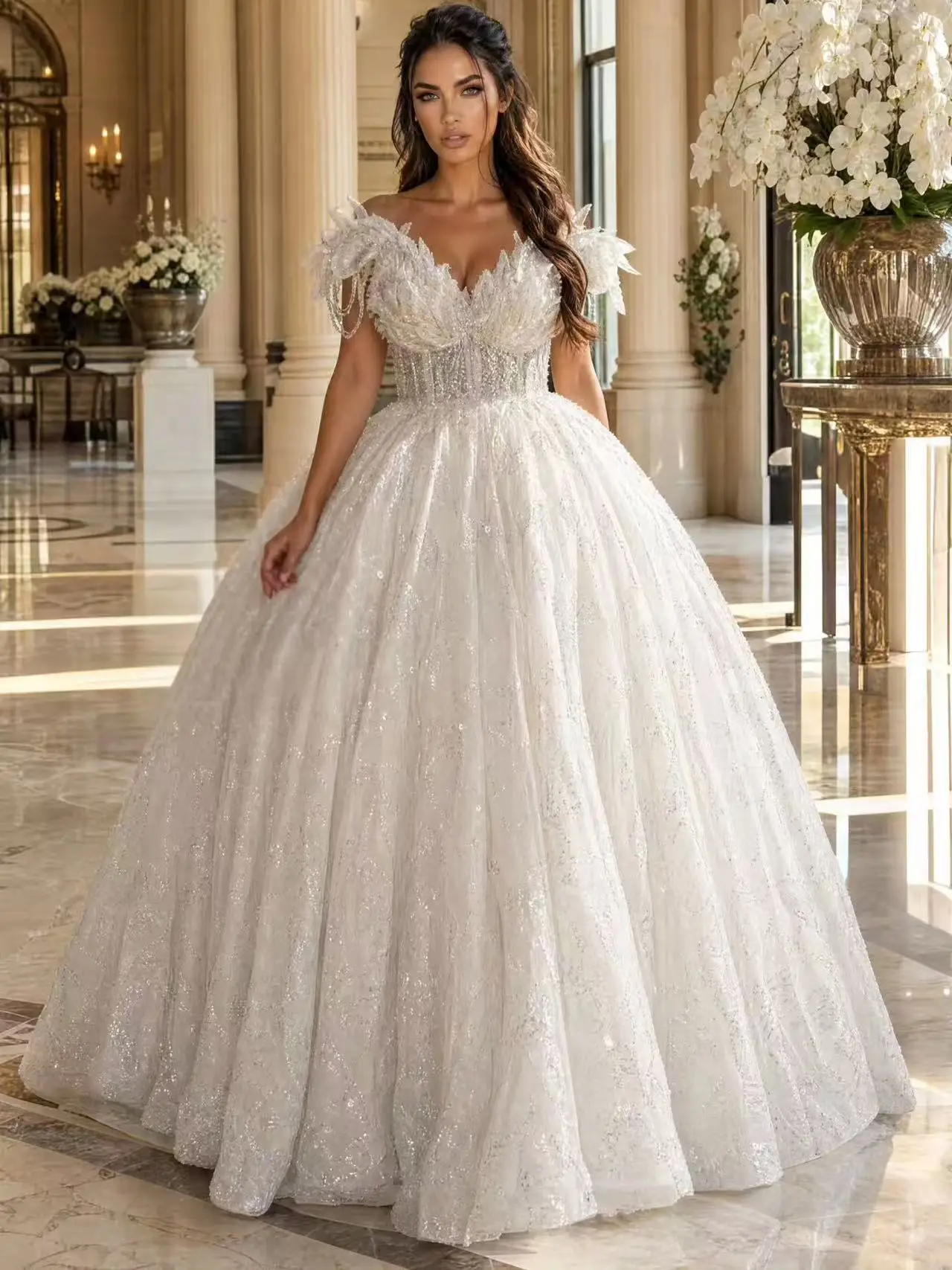 Off-the-Shoulder Ballgown Wedding Dress V-Neck Feather Lace Bodice Corset Sequins Lace Chapel Train Bridal Gown Custom Vestido