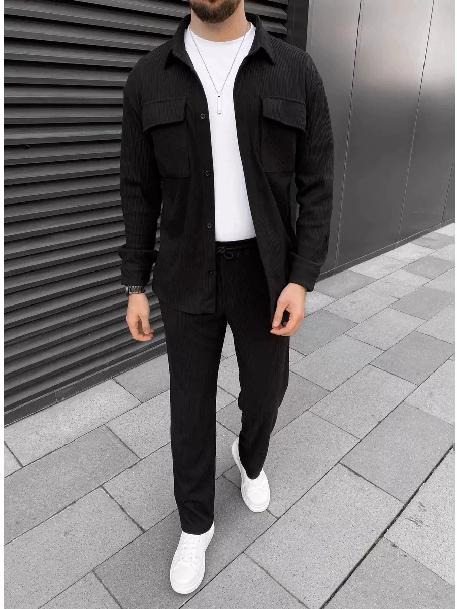 Spring and Autumn New Men's Casual Solid-Color Long-Sleeved Set, Multi-Pocket Long-Sleeved Shirt and Long Pants Two-Piece Set