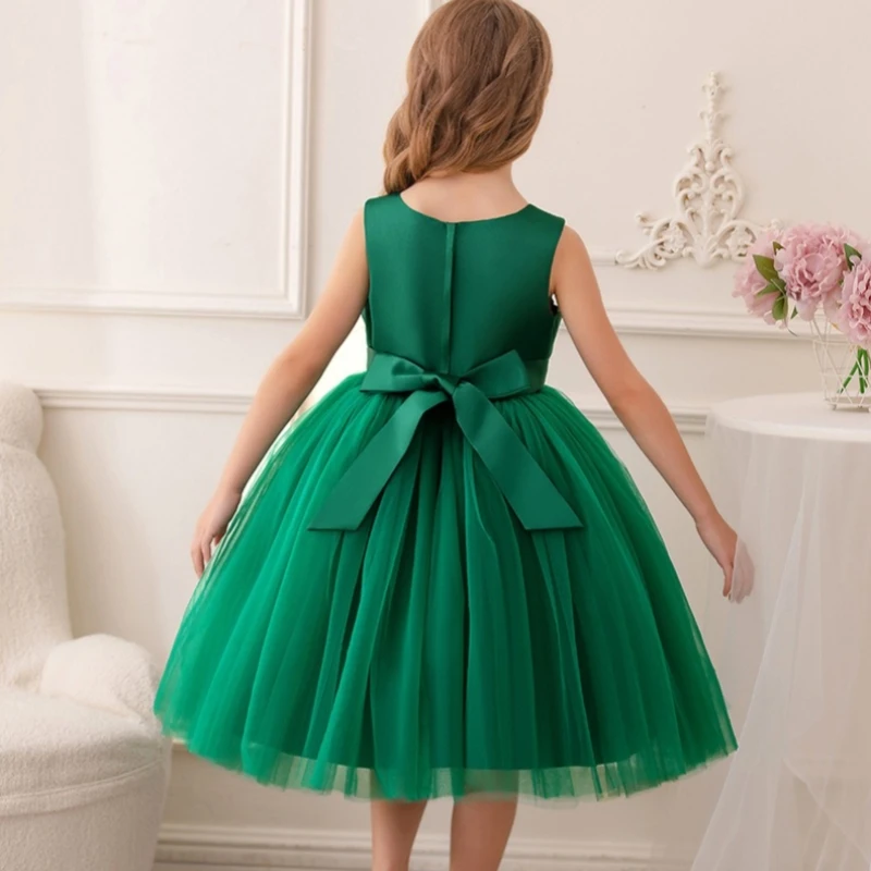 4-9 Years Old Green Sleeveless Bow Girl\'s Dresses Summer Sweet Party Kid Vestidos 4 5 6 7 8 9 Years Old Kids Clothes