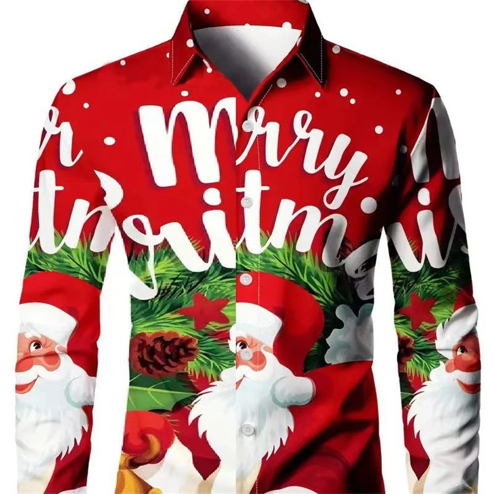 

Big size loose long-sleeved shirt for men Europe and the United States explosive autumn and winter Santa Claus printed long-slee