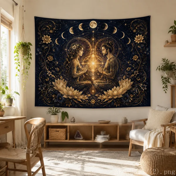 VIKAMA Twin Flame Couple Meditation Tapestry Moon Phase Sacred Geometry Wall Hanging Spiritual Yoga Room Home Decor