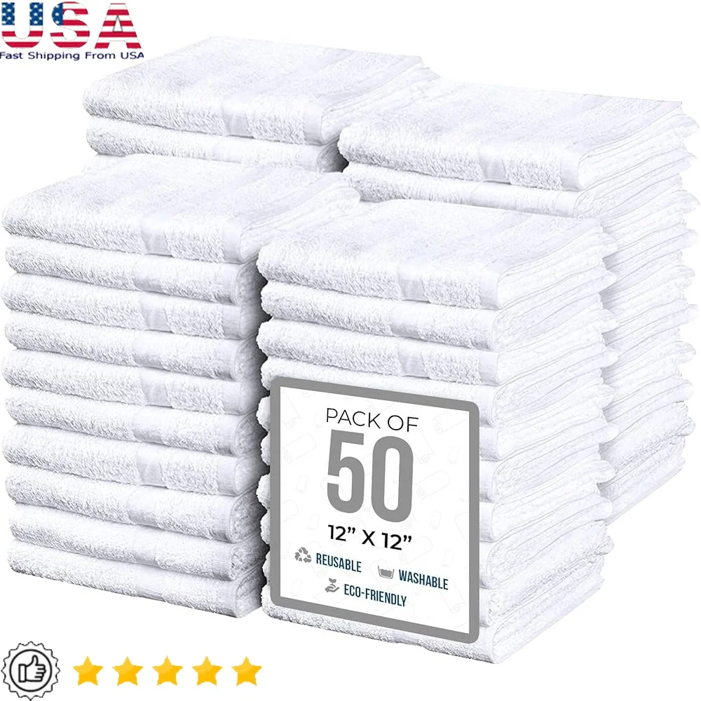 

Массовая упаковка из 50 махровых чистящих салфеток 12x12, мягкие впитывающие хлопчатобумажные полотенца для домашнего офиса, ресторана, Janitorial Use