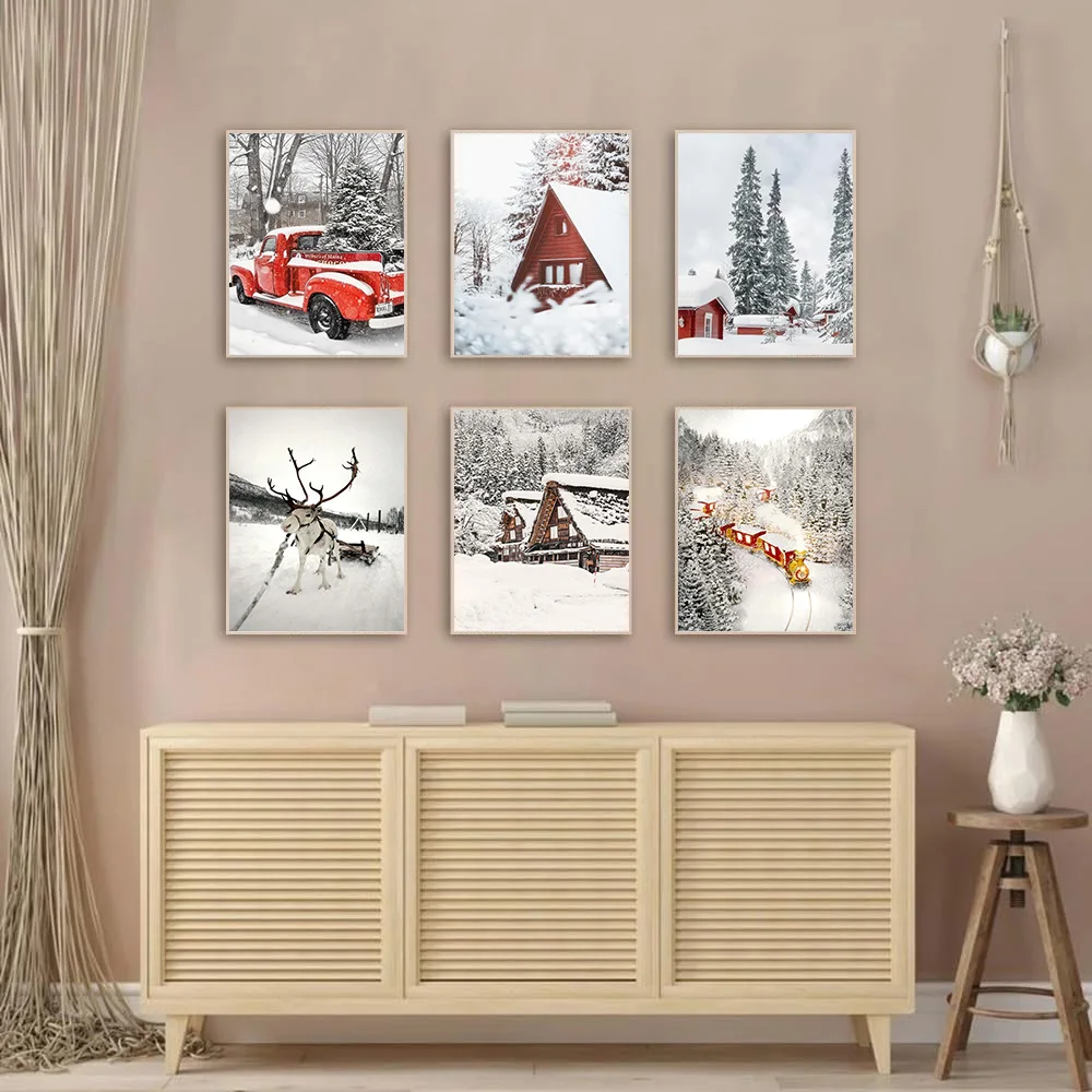 Winter Countryside Reindeer Red House Snow Scene Canvas Painting Nordic Christmas Poster Living Room Holiday Wall Art Decor