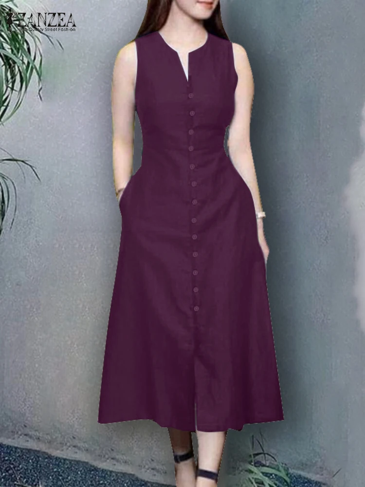 ZANZEA V-hals Dagelijkse kleding Midi-jurk Mouwloos Vintage 2025, zomervakantie A-lijn gewaden Effen kleur Casual dames tank vestidos