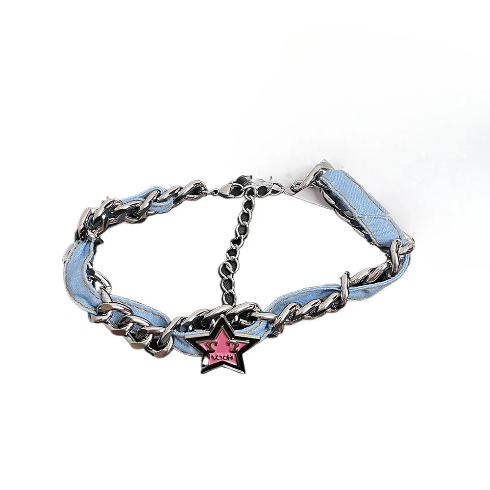 

Sweet Cool Denim Pentagram Necklace Hip Hop Personality Thick Chain Splicing Clavicle Chain