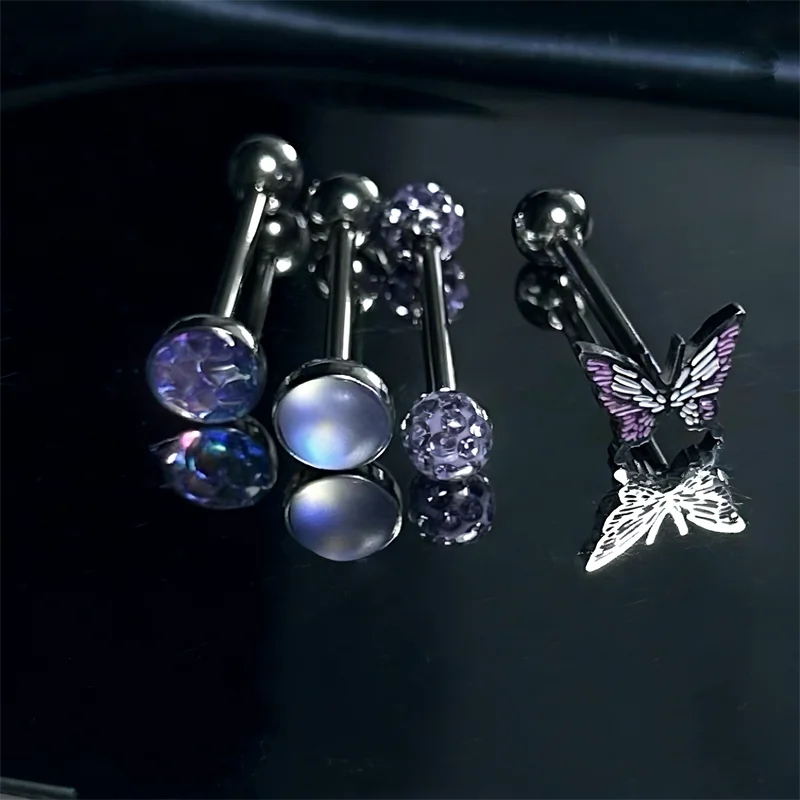 Titanium Steel Tongue Stud Purple Dream Butterfly Crystal Ball Piercing Tongue Ring Sexy Body Jewelry