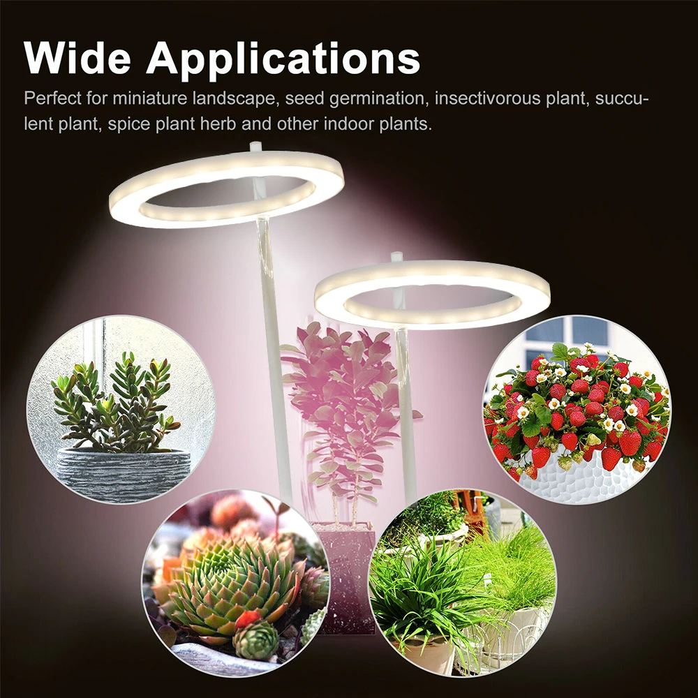 20LEDs Ring Grow Lights Indoor Plants Full Spectrum Height Adjustable Plant Light for Indoor Plants 5V USB Growing Lamp
