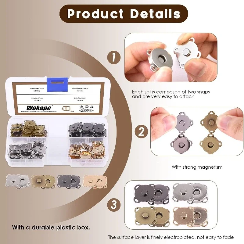 10pcs เย็บโลหะแม่เหล็กหัวเข็มขัด 14/18 มม.Snap Fasteners ปุ่มชุด DIY เย็บผ้าอุปกรณ์เสริมวัสดุกระเป๋าสตางค์หัวเข็มขัด