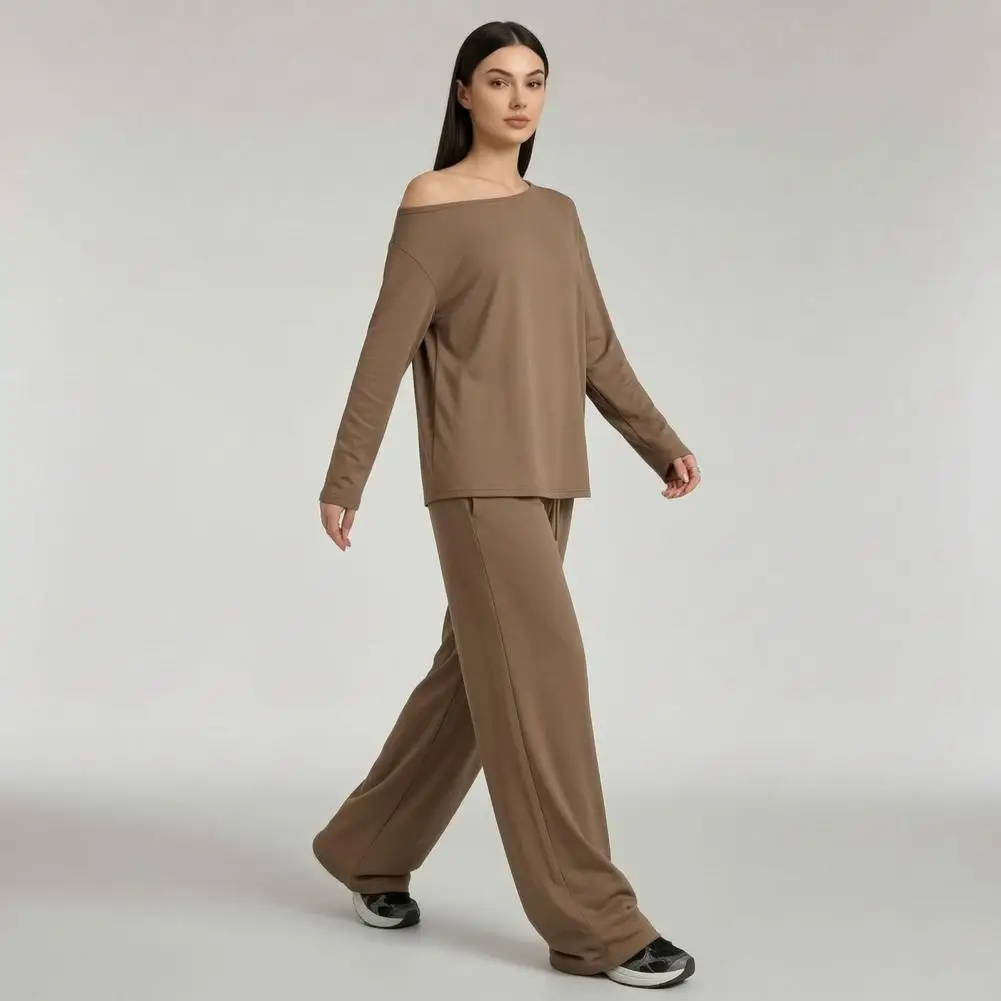 Wide Leg Trouser Set Women’s Off Shoulder Sweatshirt Set Long Sleeve Top Wide Leg Trousers Solid Color Lounge for Spring