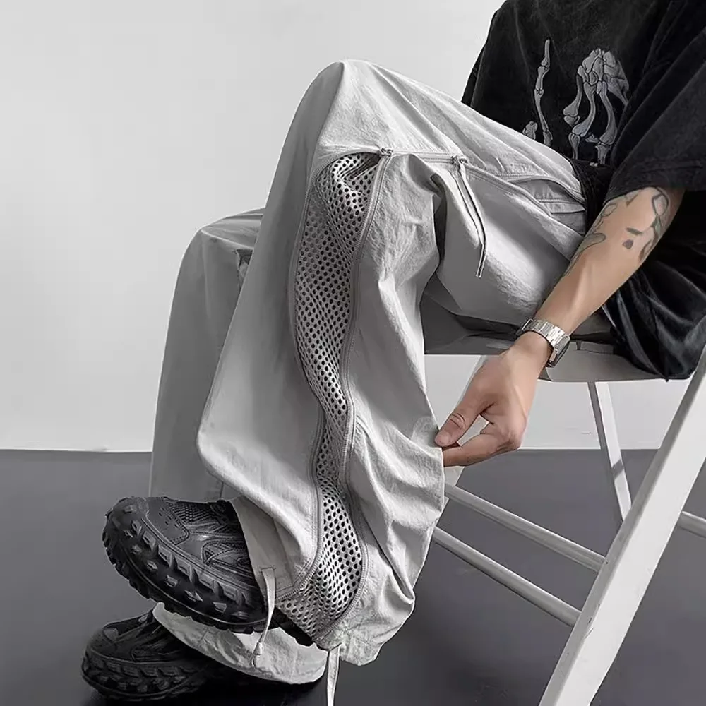 

Mesh Stitching Landing Paratrooper Pants Summer Thin Overalls American Zipper Charging Casual Trousers Baggy Straight Trousers