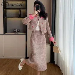 French Elegant Socialite Splicing Lapel Double-breasted Short Jacket Top High Waist Slim Long Dress Two-piece Set Women Autumn