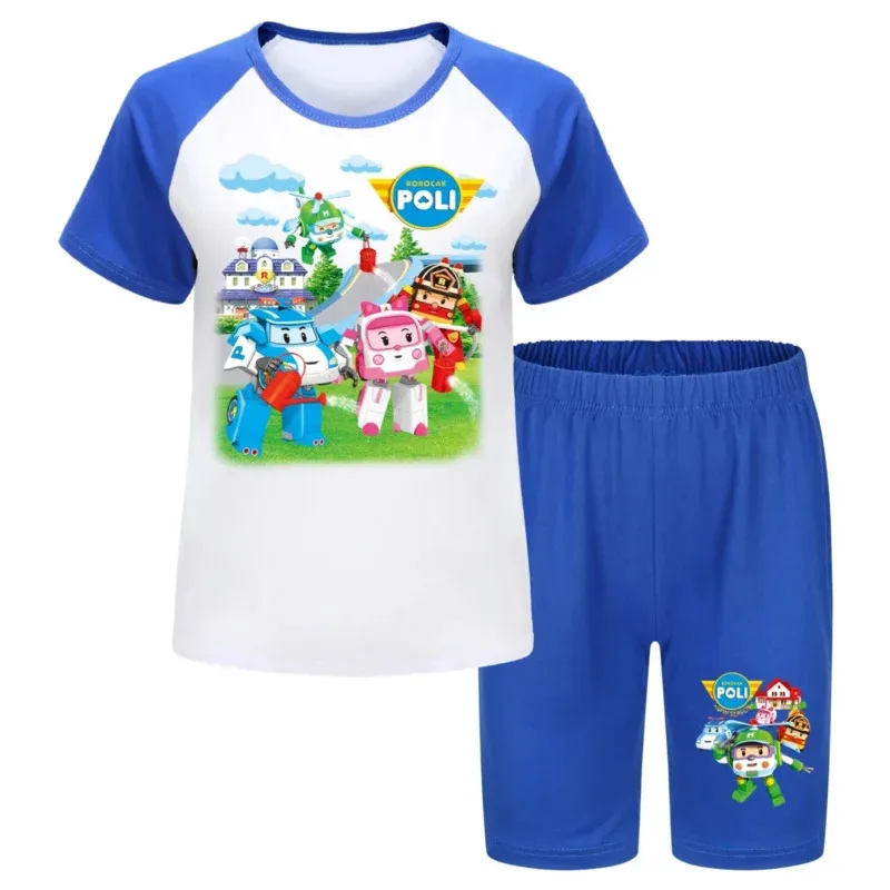 Robocar Poli الأطفال منامة مجموعة ملابس المنزل تي شيرت السراويل 2 قطعة RobocarPoli الكرتون أنيمي منخفضة الخصر الفتيان الفتيات الملابس #4