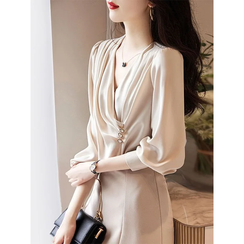 

Elegant Buttons Ruffled Office Lady Party Blouse Shirt Fashion Autumn Solid Long Sleeve V-neck Pullover Tops TT1283