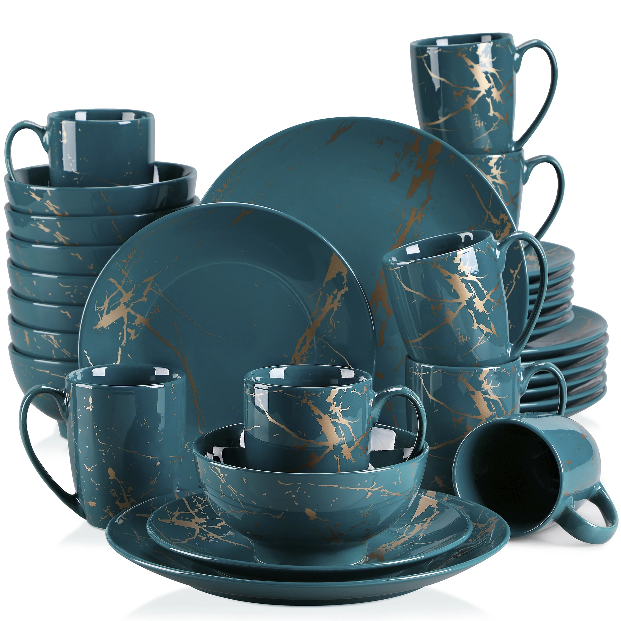 LOVECASA 16/32-delige zwart blauw porseleinen serviesset ontwerp van Gold Splash met dinerbord, taartbord, kommen, koffiekopjes