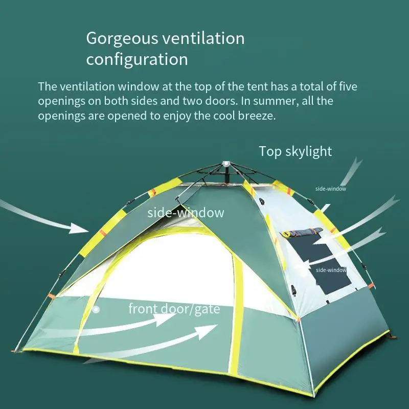 خيمة محمولة مقاومة للماء للاستخدام الخارجي تتسع لـ 2-4 أشخاص، خيمة تخييم عائلية بأربعة جوانب مناسبة للمشي لمسافات طويلة والنزهات #3