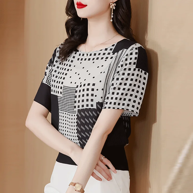 Korean Printed Plaid Pullovers Women's Clothing Fashion Spliced Summer Short Sleeve All-match Casual Round Neck Commute T-shirt