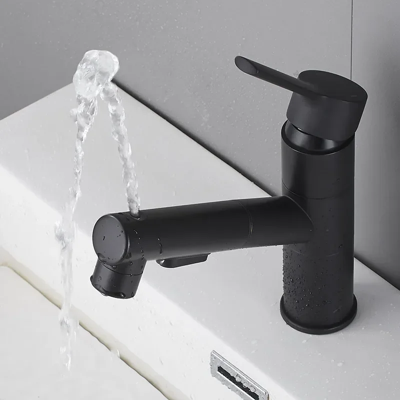 Black pull-out basin hot and cold heightening rotary faucet all copper basin wash basin wash shampoo faucet