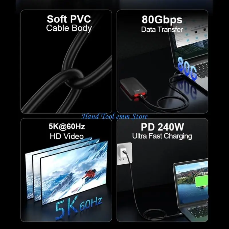 H37F USB4 Data Cable 80Gbps USB C to USB C Cord 240W Fast Charging Cable for Notebook 5K Video Large File Transfer Use
