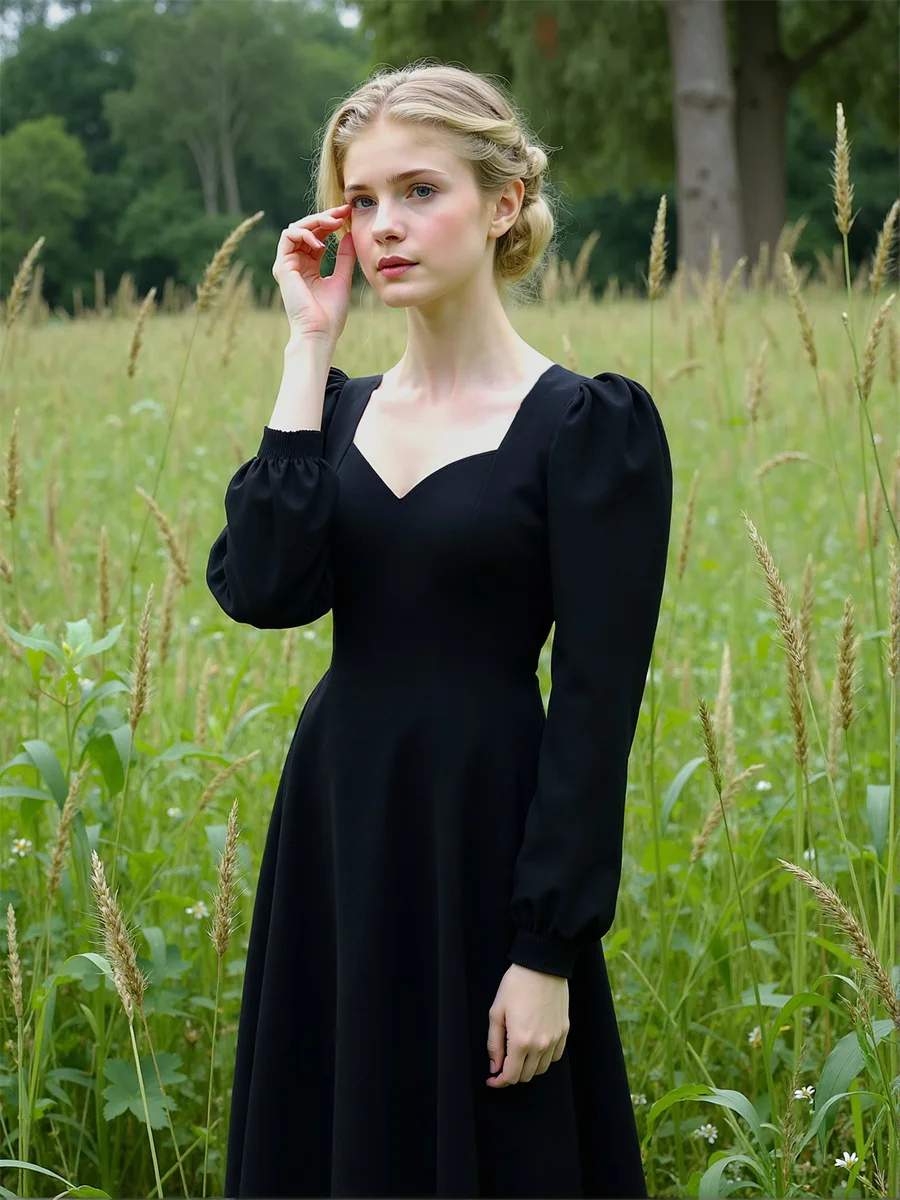 فستان نسائي خريف 2025 كم فانوس منتصف العجل بلون سادة رقبة على شكل حرف v منخفض القطع رقبة منخفضة خط عنق على شكل قلب مثير ساخن #4