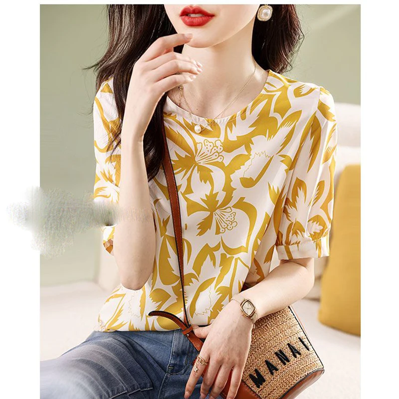 Elegant O-Neck All-match Printed Chiffon Blouses Women Clothing 2024 Summer New Loose Short Sleeve Chic Tops Sweet Shirts